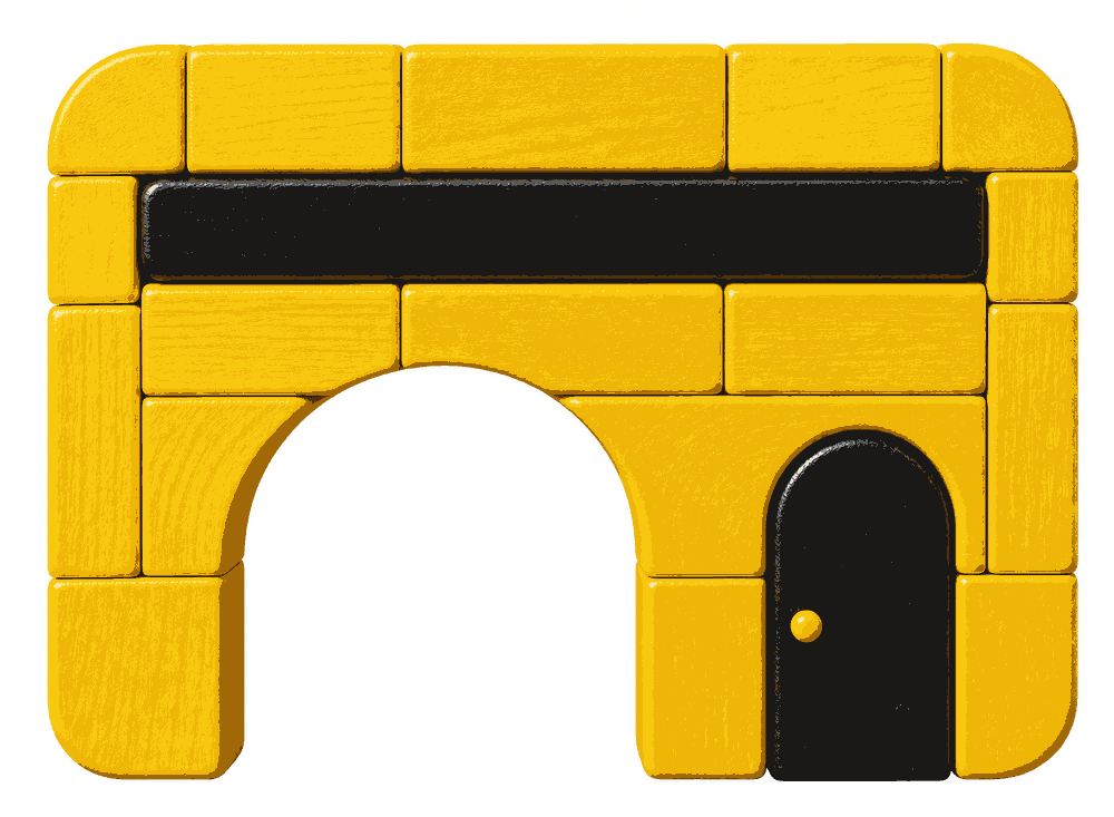 Eine Ladenfront aus gelben und schwarzen Holzbauklötzen.